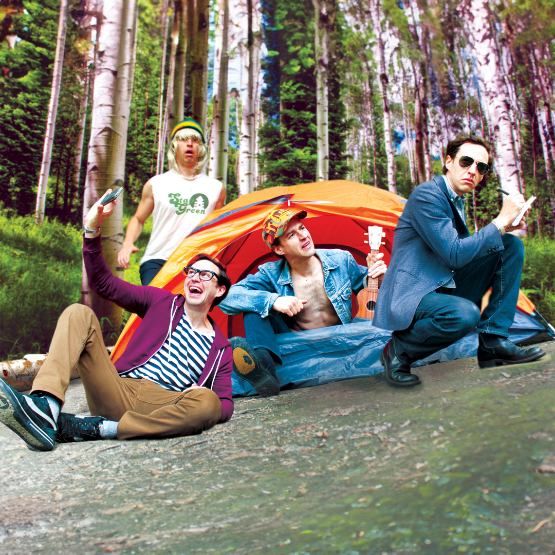 Campground poster, with multiple characters seated around a tent.